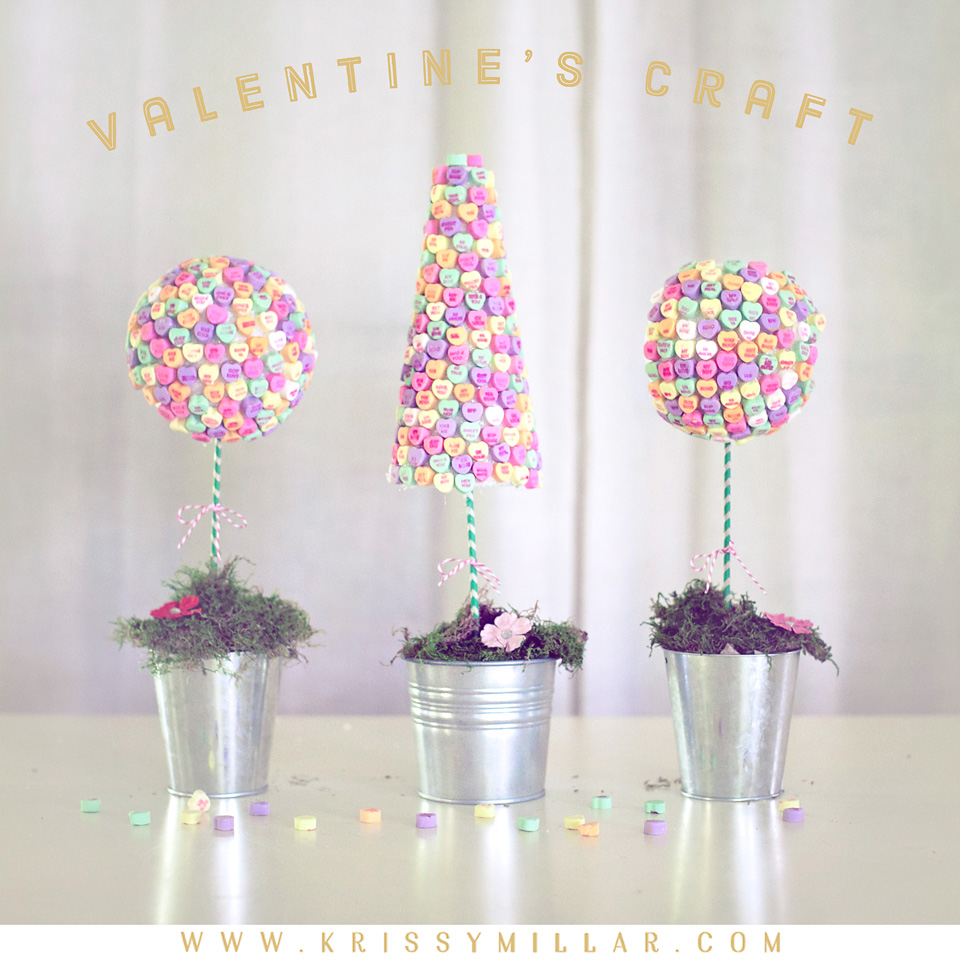 Valentine's Craft: DIY candy heart topiary; do with kids and add to Valentine's decor (krissymillar.com)
