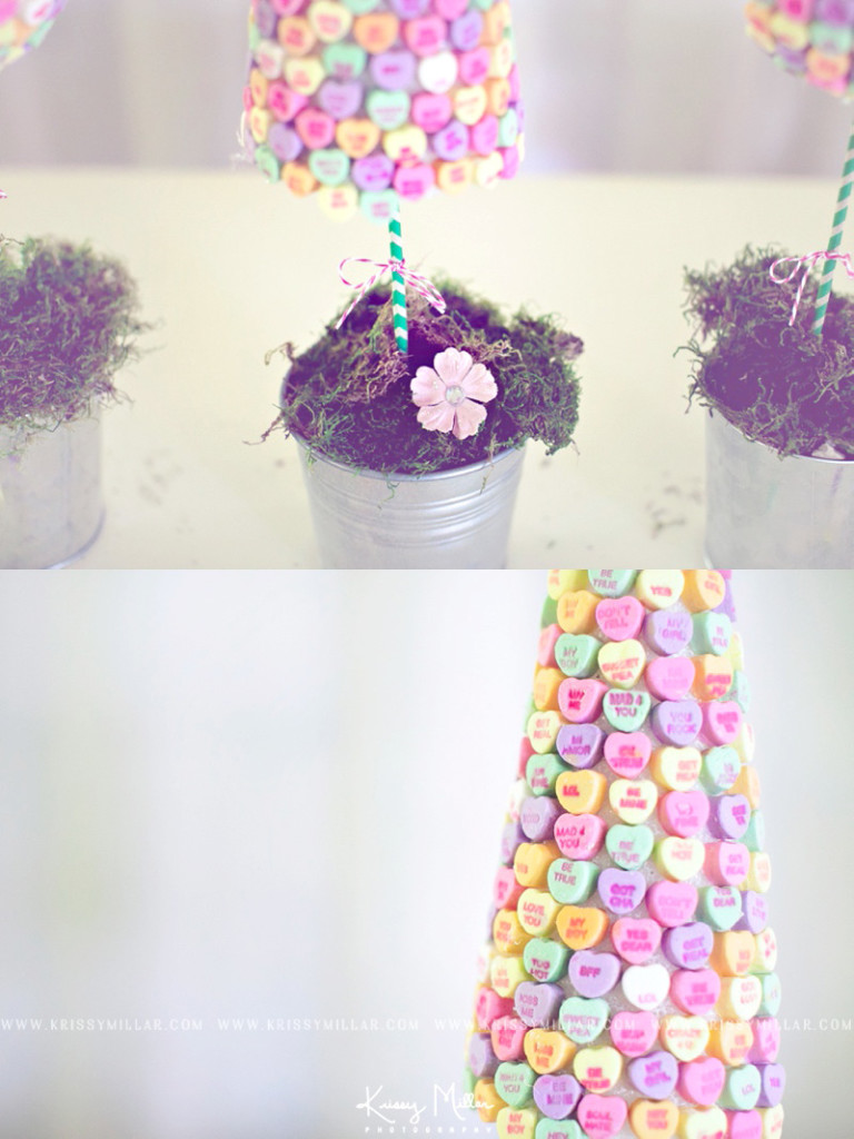 Valentine's Craft: DIY candy heart topiary; do with kids and add to Valentine's decor (krissymillar.com)