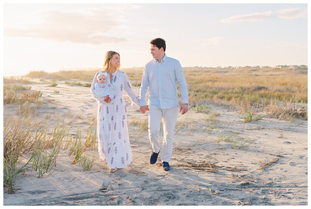 Charleston family beach photography on dunes in golden light with baby