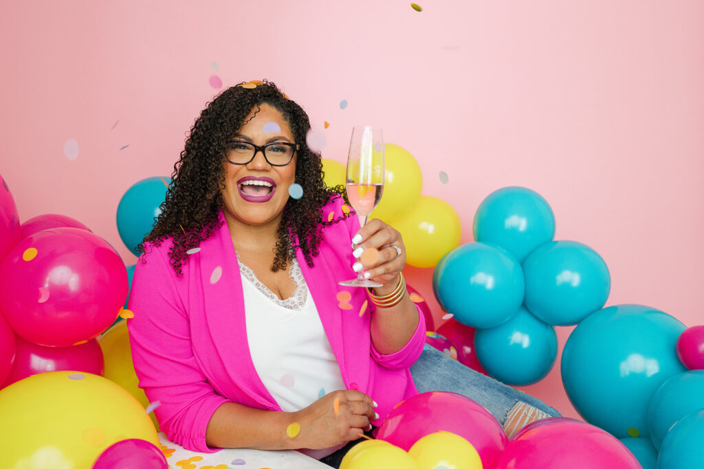 Balloon artist Lindsay from Balloon Fete celebrating in Charleston SC for brand photography at Johns Island Photo Studio with Krissy Millar Photography