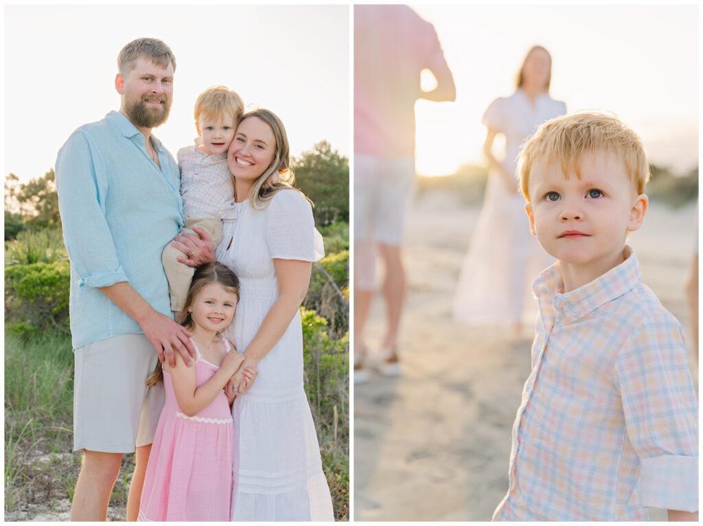 Custom family photography session in Charleston with natural light and connection on beach and boardwalk